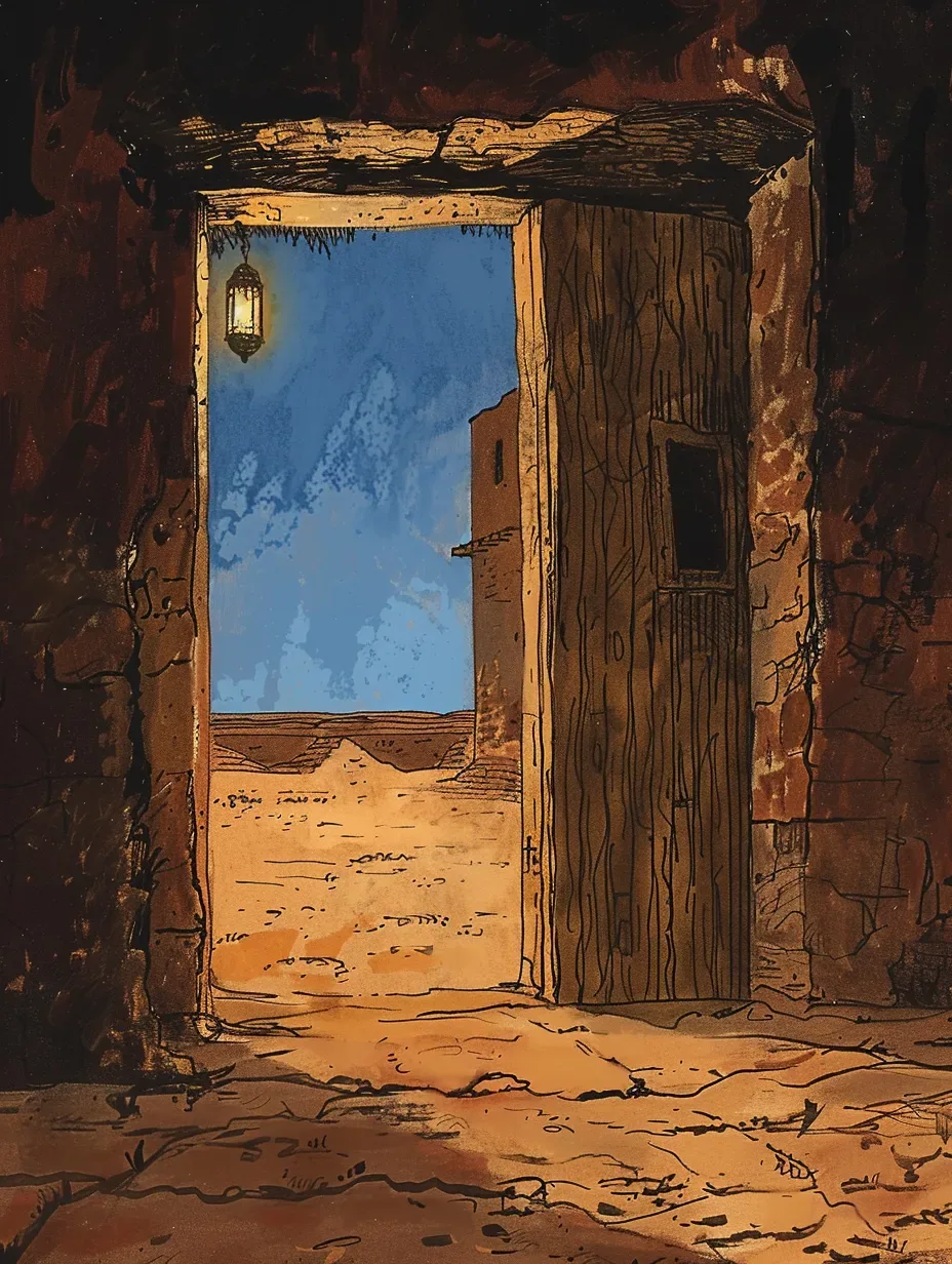 A doorway opening onto a sunlit courtyard