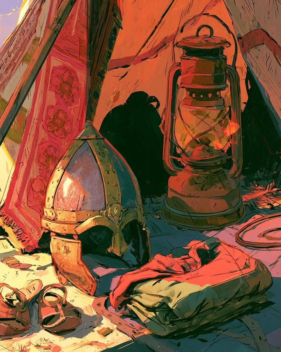 A helmet and lantern resting on a cloth