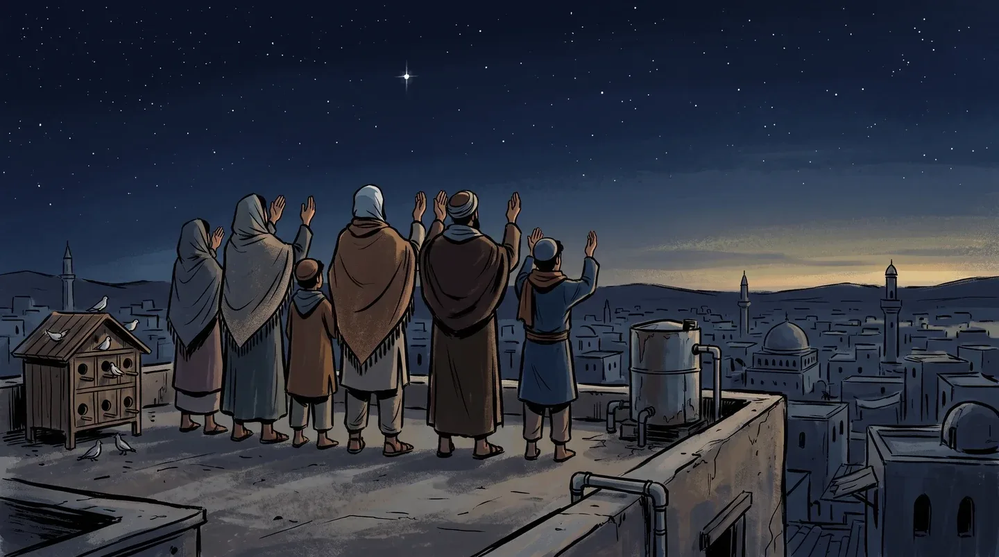 People standing together on a rooftop at night