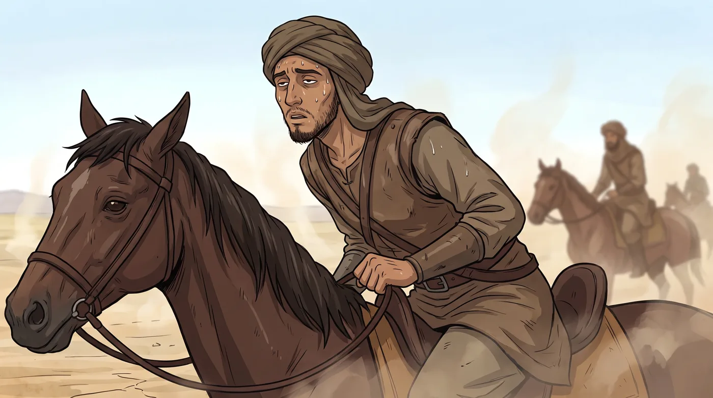 A young Kufan soldier sways in the saddle, parched