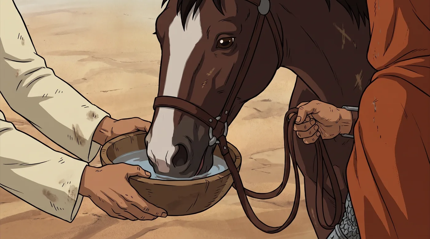 Al-Hurr's horse drinks from a bowl held out to it