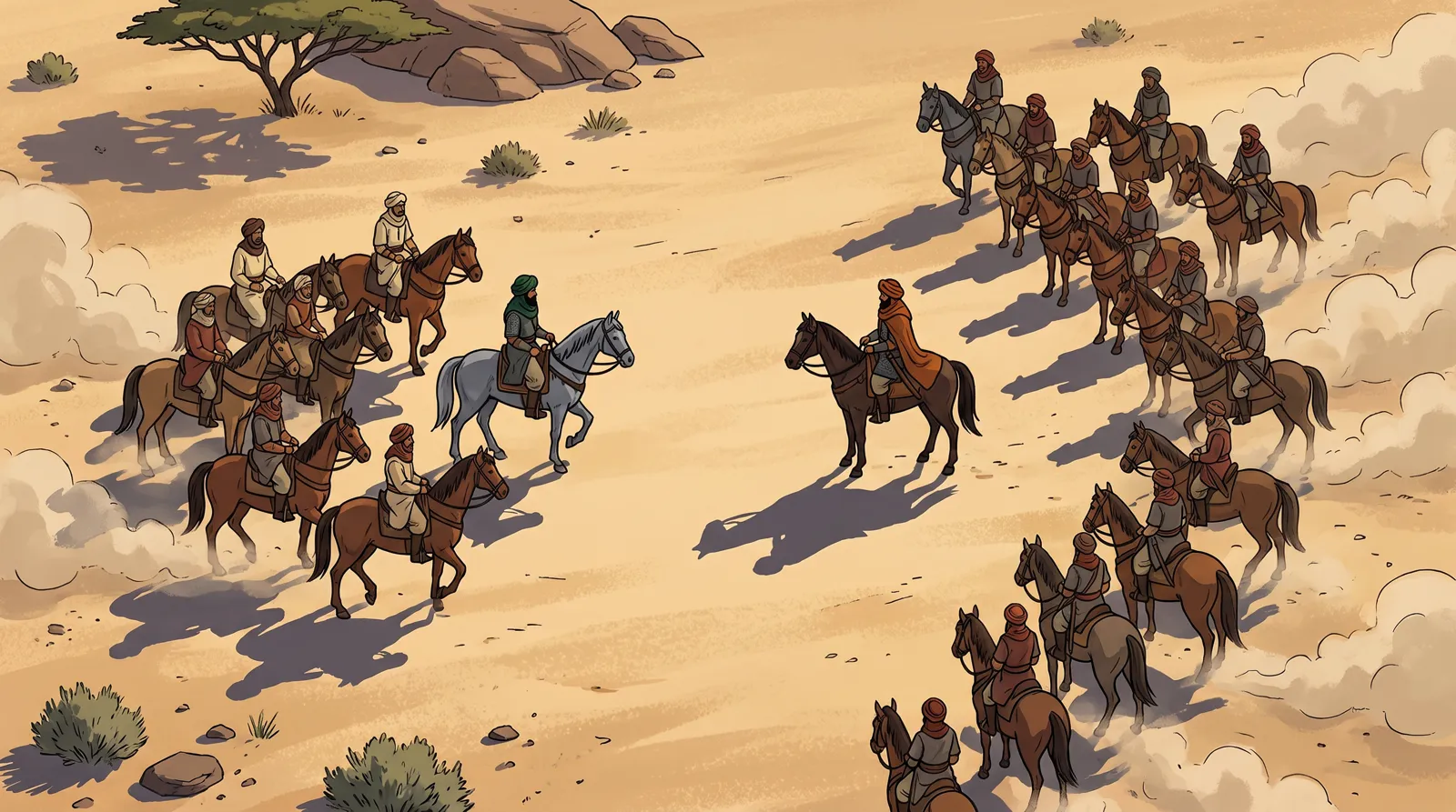 Riders crossing the desert, seen from above