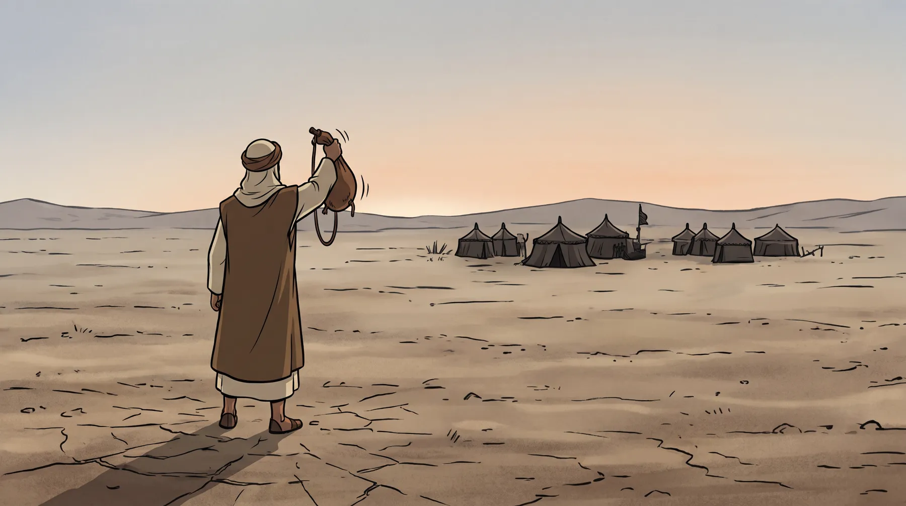 A lone figure walking toward a camp at dusk