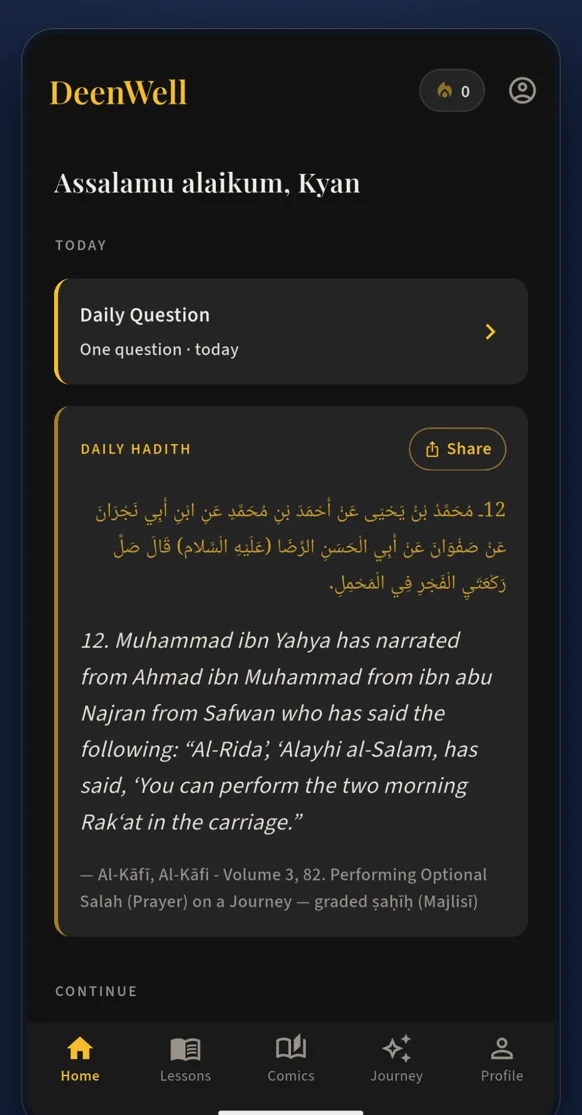 Today screen with the daily question and a hadith with its source