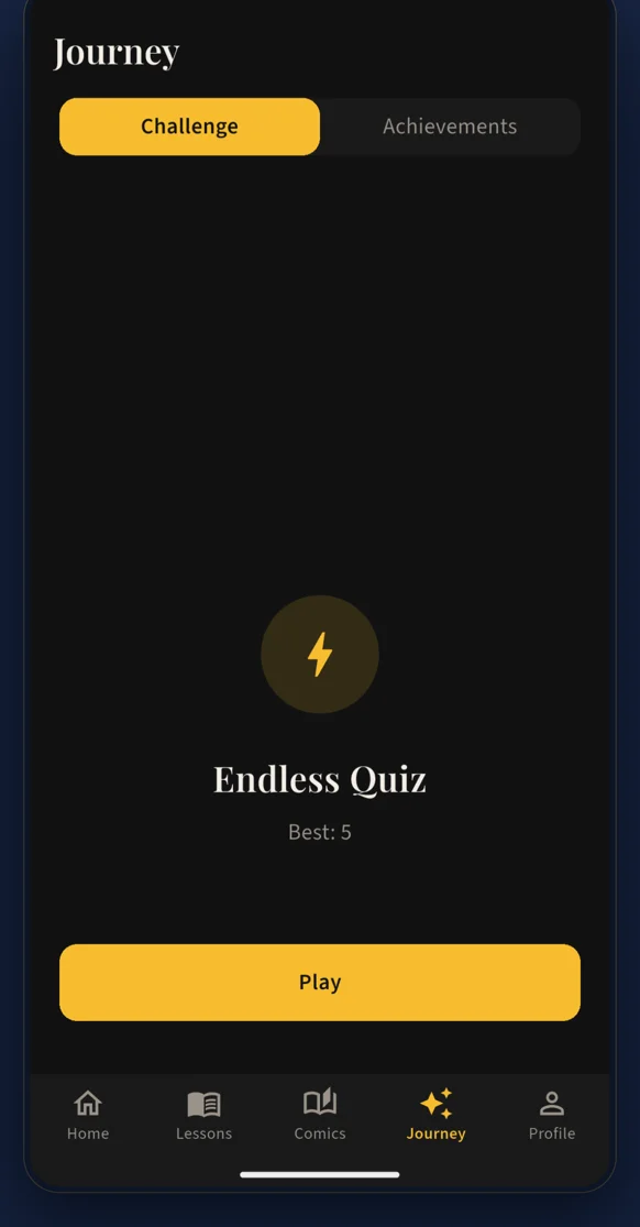 Journey screen with the endless quiz